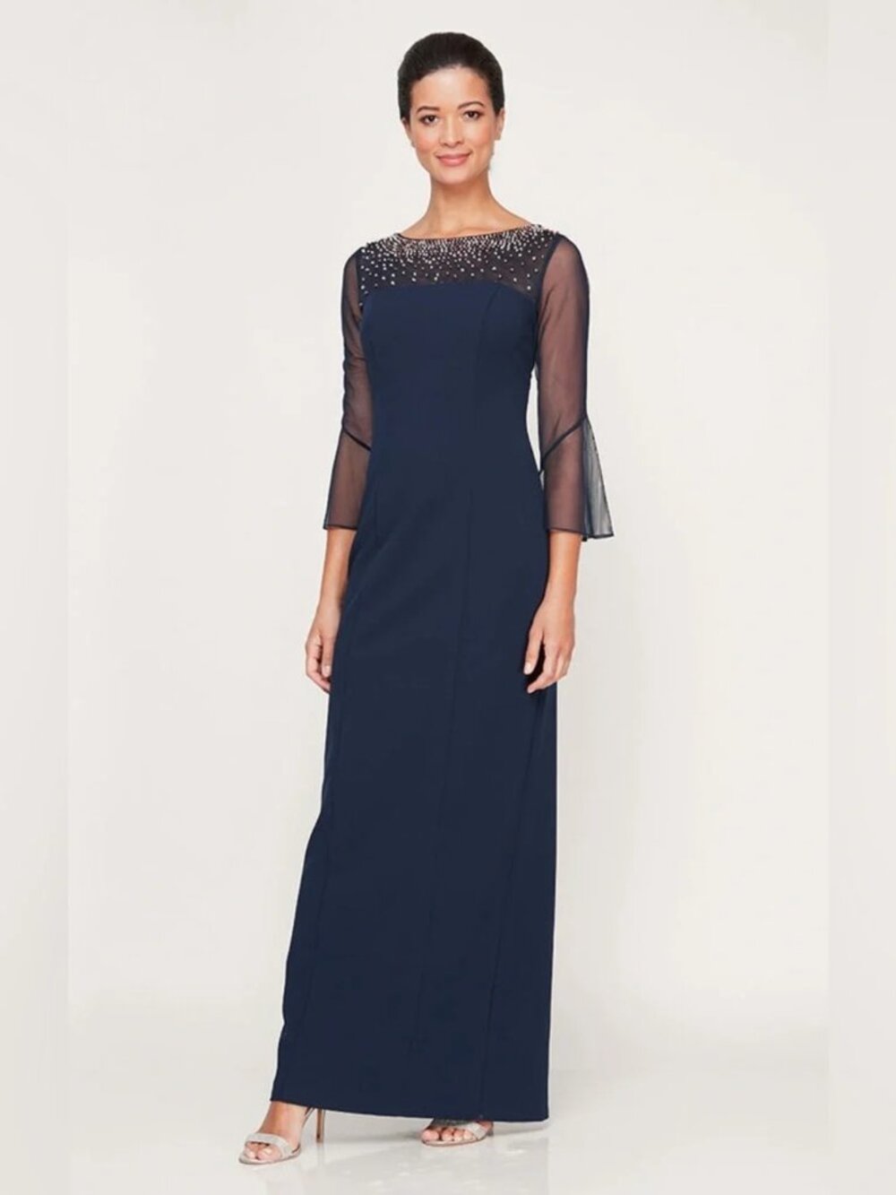 Alex Evenings Illusion Embellished Bell Sleeve Crepe Gown
